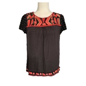 hd paris anthropologie womens black pink bohemian short sleeve top 8 Medium